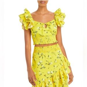 Alice + Olivia Shanae Floral Smocked Crop Top Yellow Ruffle Sleeves Size L NWT